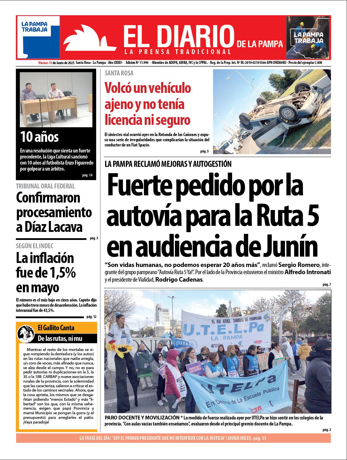Tapa de El Diario en papel  viernes 13 de junio de 2025